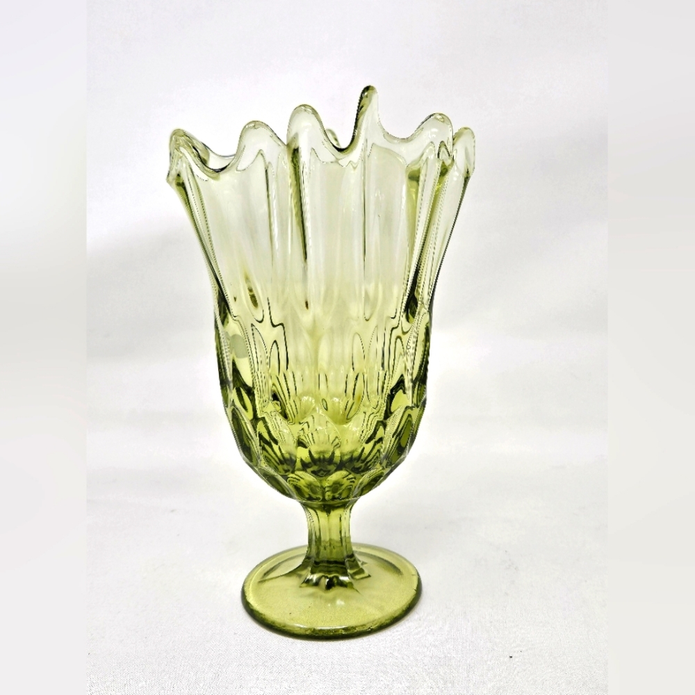 FENTON handkerchief Colonial green thumb print / Thousand Eye footed vase vintag